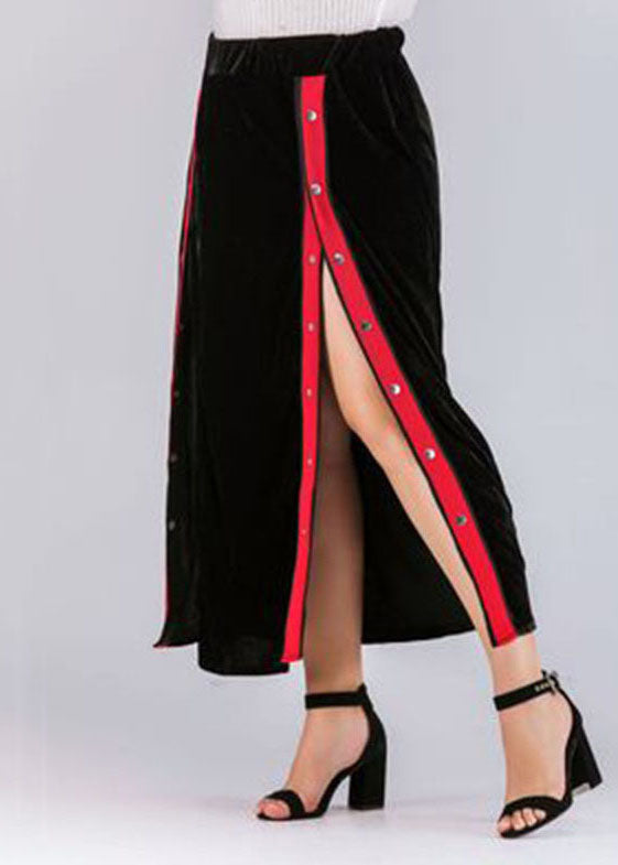 Unique Black Button Side Open Patchwork Velour Skirts Fall