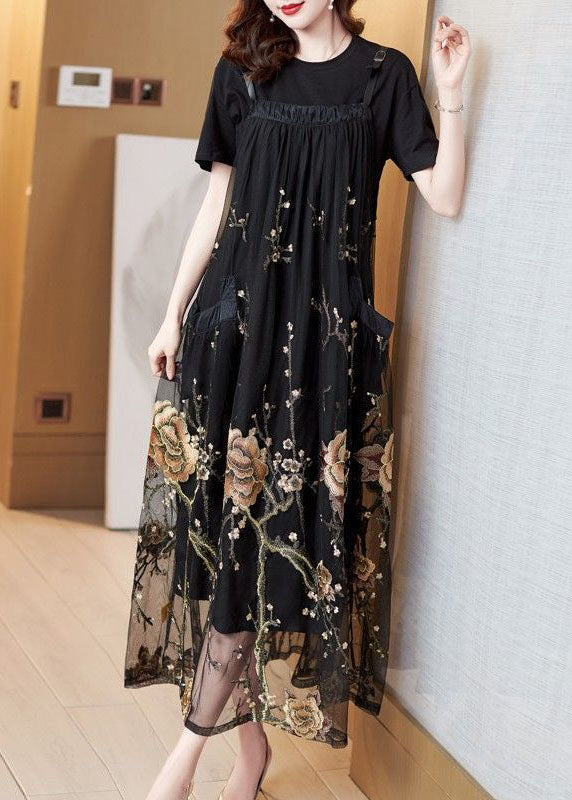 Unique Black Embroideried Patchwork Pockets Tulle Strap Dresses Summer