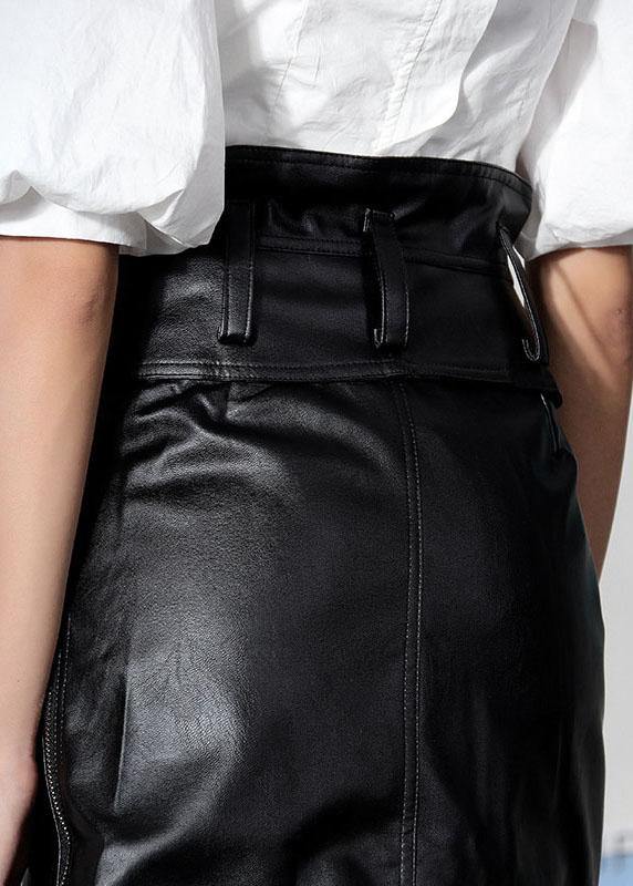 Unique Black High Waist zippered Asymmetrical PU Skirts