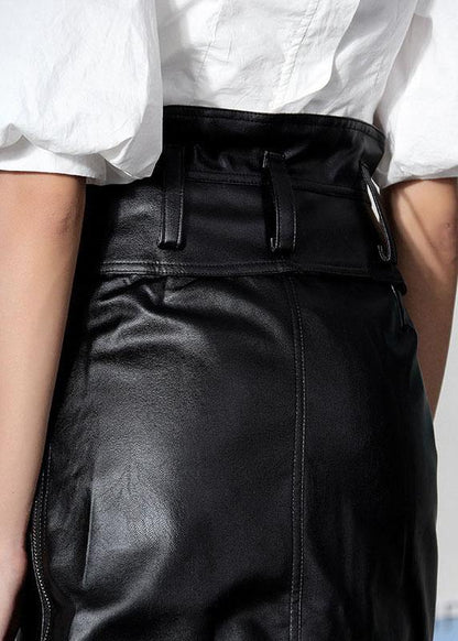 Unique Black High Waist zippered Asymmetrical PU Skirts