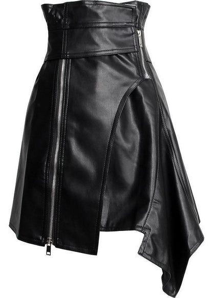 Unique Black High Waist zippered Asymmetrical PU Skirts