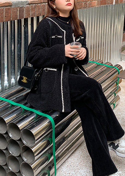 Unique Black O Neck Button Pockets Teddy Faux Fur Coat Fall