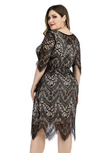 Unique Black O-Neck Flattering Lace Mid Dress Half Sleeve