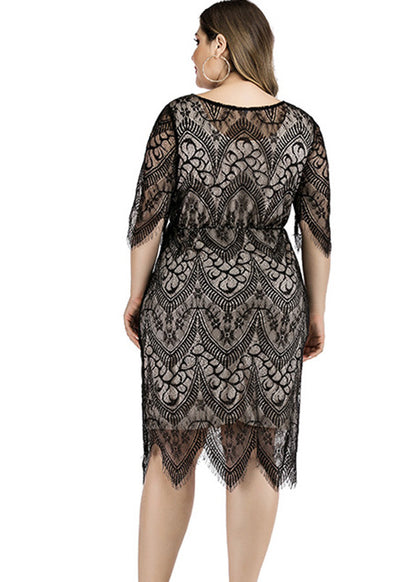 Unique Black O-Neck Flattering Lace Mid Dress Half Sleeve