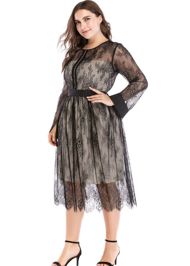 Unique Black Patchwork Wrinkled Lace Maxi Dress Long Sleeve