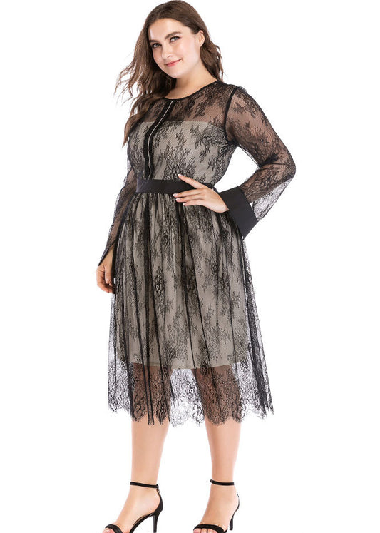 Unique Black Patchwork Wrinkled Lace Maxi Dress Long Sleeve