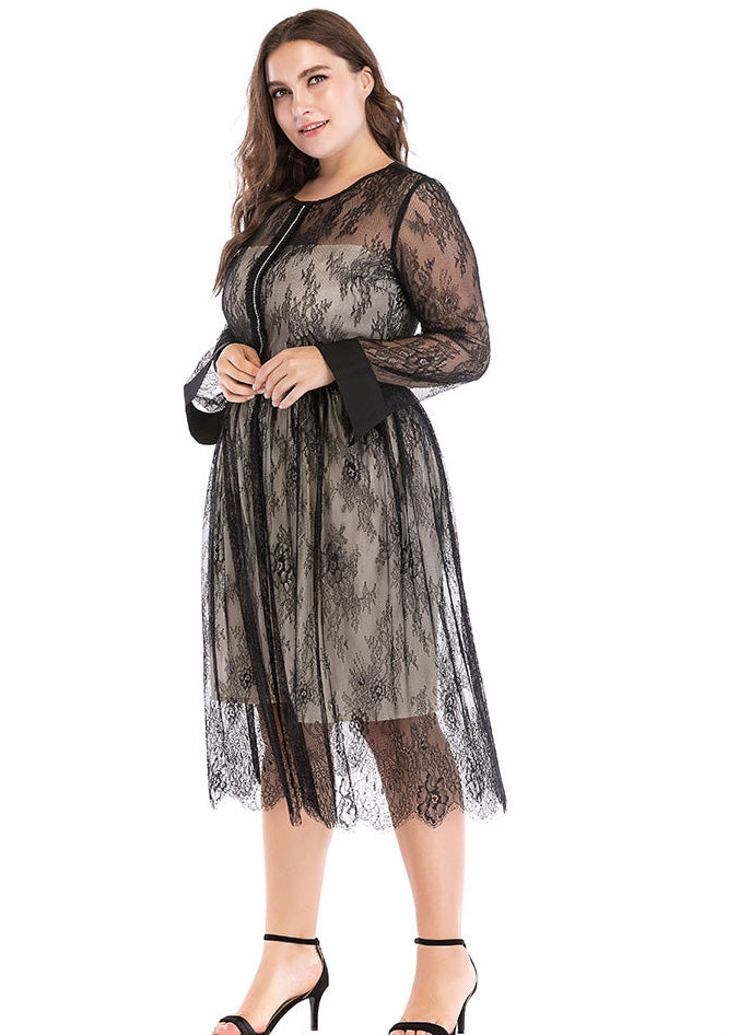 Unique Black Patchwork Wrinkled Lace Maxi Dress Long Sleeve