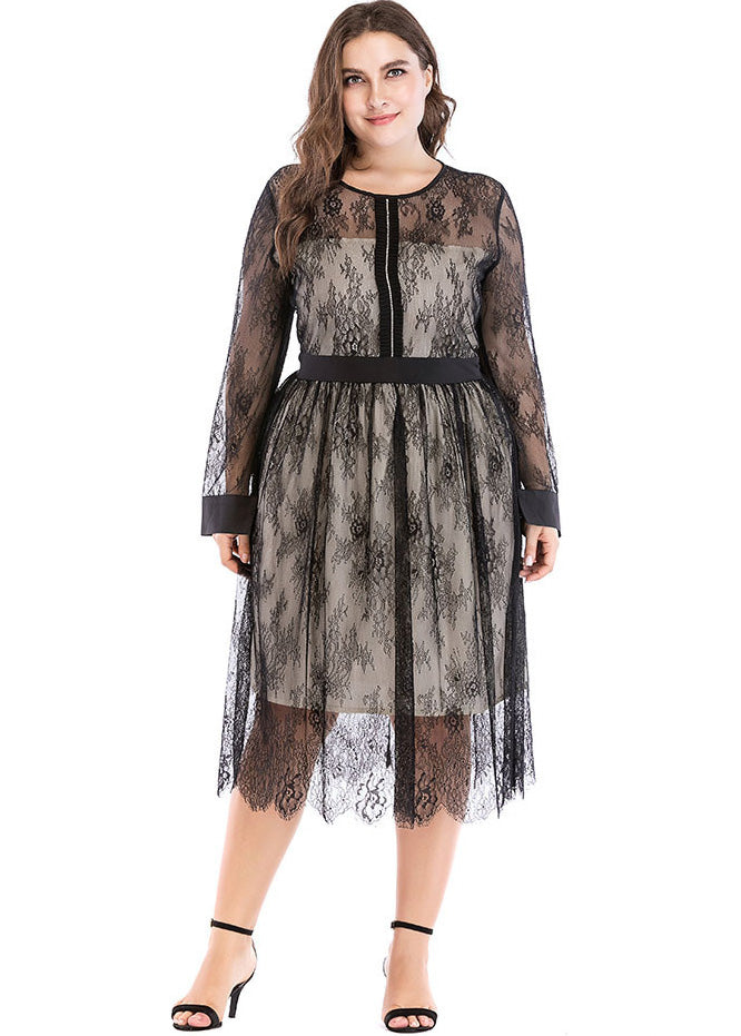 Unique Black Patchwork Wrinkled Lace Maxi Dress Long Sleeve