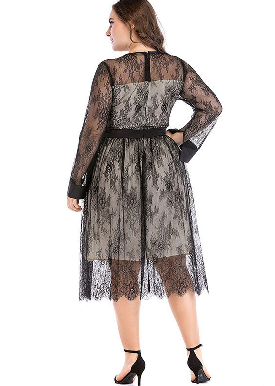 Unique Black Patchwork Wrinkled Lace Maxi Dress Long Sleeve