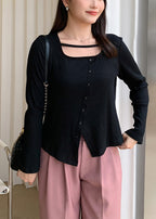 Unique Black Square Collar Asymmetrical Design Knit Blouse Top Fall
