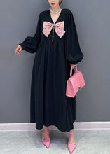 Load image into Gallery viewer, Unique Black V Neck Bow Patchwork Cotton Princess Dress Spring
