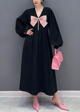 Load image into Gallery viewer, Unique Black V Neck Bow Patchwork Cotton Princess Dress Spring