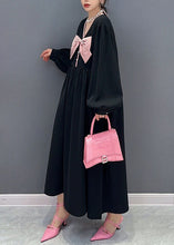 Load image into Gallery viewer, Unique Black V Neck Bow Patchwork Cotton Princess Dress Spring