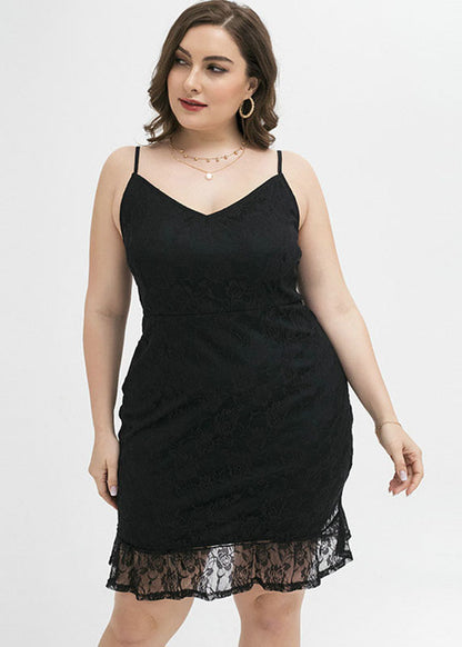 Unique Black V Neck Slim Lace Patchwork Spaghetti Strap Mid Dress Summer