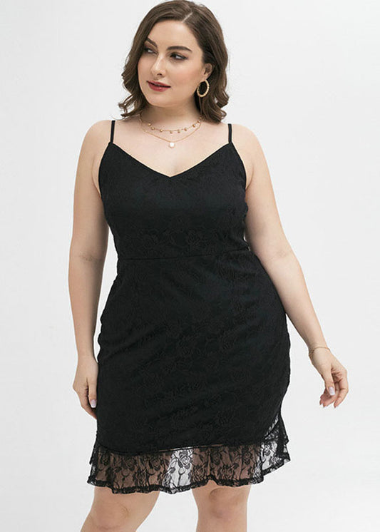 Unique Black V Neck Slim Lace Patchwork Spaghetti Strap Mid Dress Summer