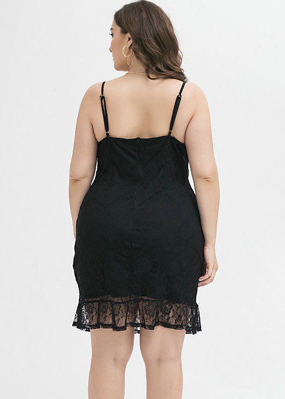 Unique Black V Neck Slim Lace Patchwork Spaghetti Strap Mid Dress Summer