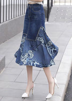 Unique Blue Asymmetrical Chiffon Patchwork Design Denim Skirt Spring