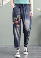 Unique Blue Cartoon Embroideried Pockets Patchwork Denim Pants Spring