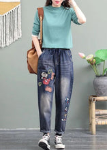 Load image into Gallery viewer, Unique Blue Cartoon Embroideried Pockets Patchwork Denim Pants Spring