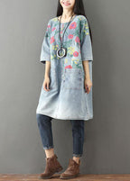 Unique Blue O-Neck Pockets Print Fall Denim Dresses Half Sleeve