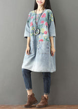 Load image into Gallery viewer, Unique Blue O-Neck Pockets Print Fall Denim Dresses Half Sleeve