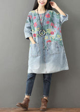 Load image into Gallery viewer, Unique Blue O-Neck Pockets Print Fall Denim Dresses Half Sleeve