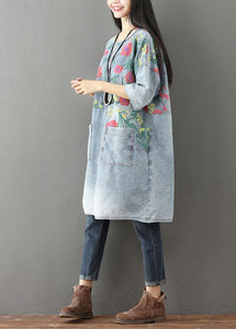 Unique Blue O-Neck Pockets Print Fall Denim Dresses Half Sleeve
