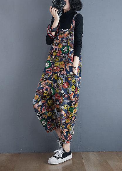 Unique Blue Print Pockets Patchwork Cotton Overalls Jumpsuit Spring