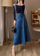 Load image into Gallery viewer, Unique Blue Slash Neck Patchwork Top And Denim Maxi Skirts Two Pieces Set Fall