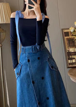 Load image into Gallery viewer, Unique Blue Slash Neck Patchwork Top And Denim Maxi Skirts Two Pieces Set Fall