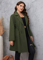 Unique Green Notched Cinched Patchwork Solid Maxi Trench Coats Long Sleeve