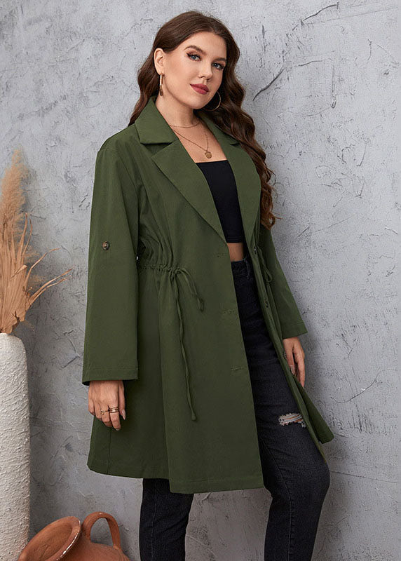 Unique Green Notched Cinched Patchwork Solid Maxi Trench Coats Long Sleeve