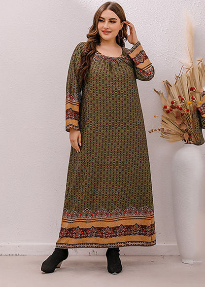 Unique Green O-Neck Print Maxi Dress Long Sleeve