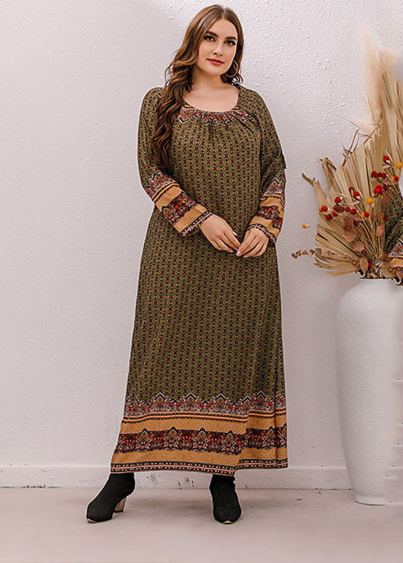 Unique Green O-Neck Print Maxi Dress Long Sleeve