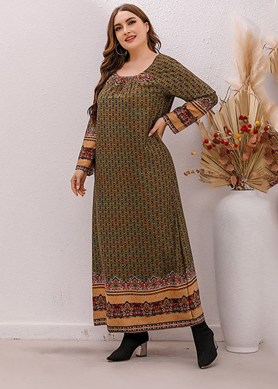 Unique Green O-Neck Print Maxi Dress Long Sleeve