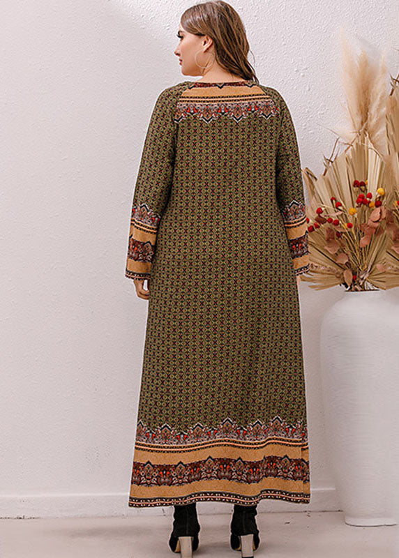 Unique Green O-Neck Print Maxi Dress Long Sleeve