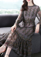 Unique Grey Embroideried Patchwork Silk Maxi Dresses Spring