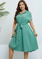 Unique Light Green Peter Pan Collar Tie waist Maxi Dress Short Sleeve