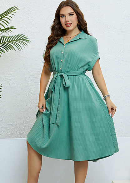 Unique Light Green Peter Pan Collar Tie waist Maxi Dress Short Sleeve