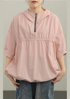 Unique Pink Cinched Half Sleeve Cotton Summer Shirt Top