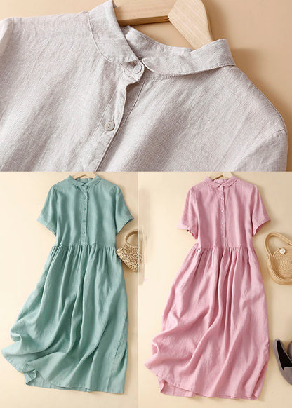 Unique Pink Peter Pan Collar Wrinkled Linen Holiday Dress Short Sleeve