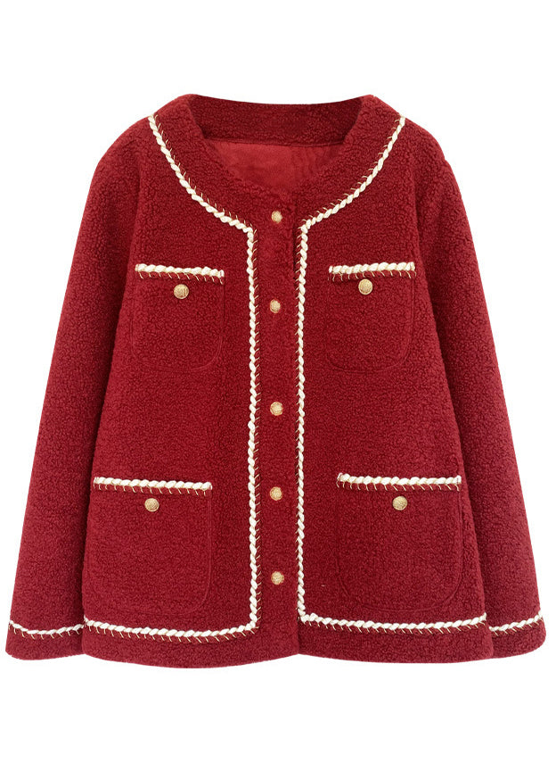 Unique Red Button Pockets Patchwork Teddy Faux Fur Coat Fall