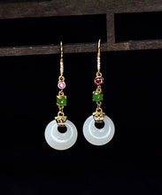 Load image into Gallery viewer, Unique White Sterling Silver Overgild Inlaid Jade Drop Earrings