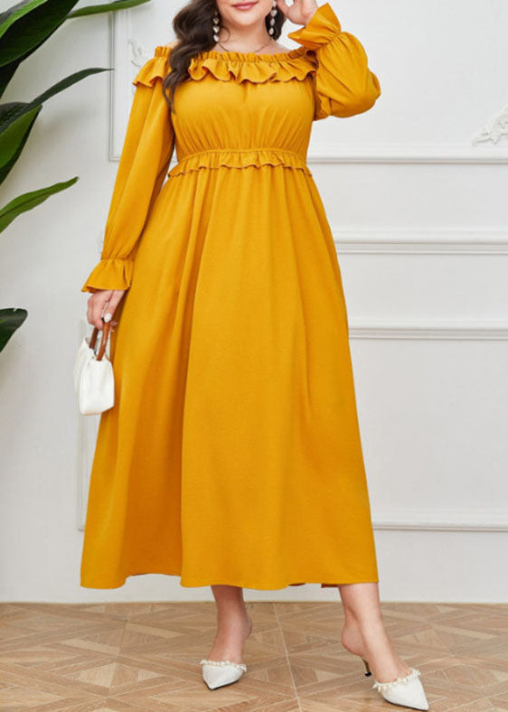 Unique Yellow Slash Neck Ruffled Patchwork Maxi Dress Long Sleeve