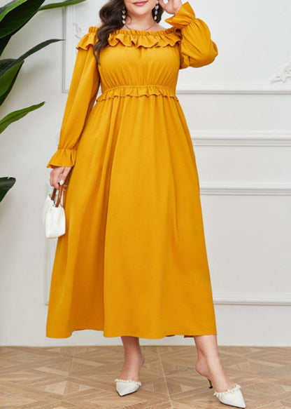 Unique Yellow Slash Neck Ruffled Patchwork Maxi Dress Long Sleeve