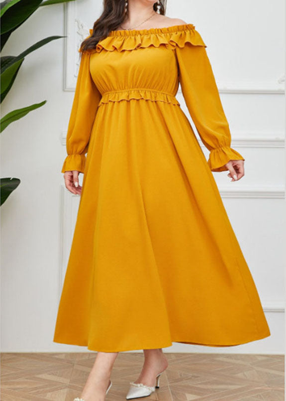 Unique Yellow Slash Neck Ruffled Patchwork Maxi Dress Long Sleeve