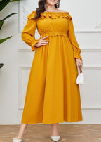 Unique Yellow Slash Neck Ruffled Patchwork Maxi Dress Long Sleeve