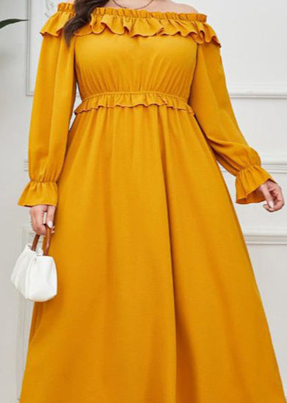 Unique Yellow Slash Neck Ruffled Patchwork Maxi Dress Long Sleeve