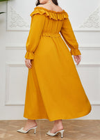 Unique Yellow Slash Neck Ruffled Patchwork Maxi Dress Long Sleeve