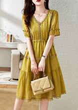 Load image into Gallery viewer, Unique Yellow V Neck Lace Patchwork Chiffon Dress Summer